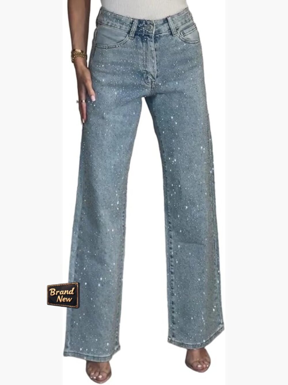 High Waisted Rhinestone Jeans Baggy Straight Wide Leg Denim with Bling Shiny